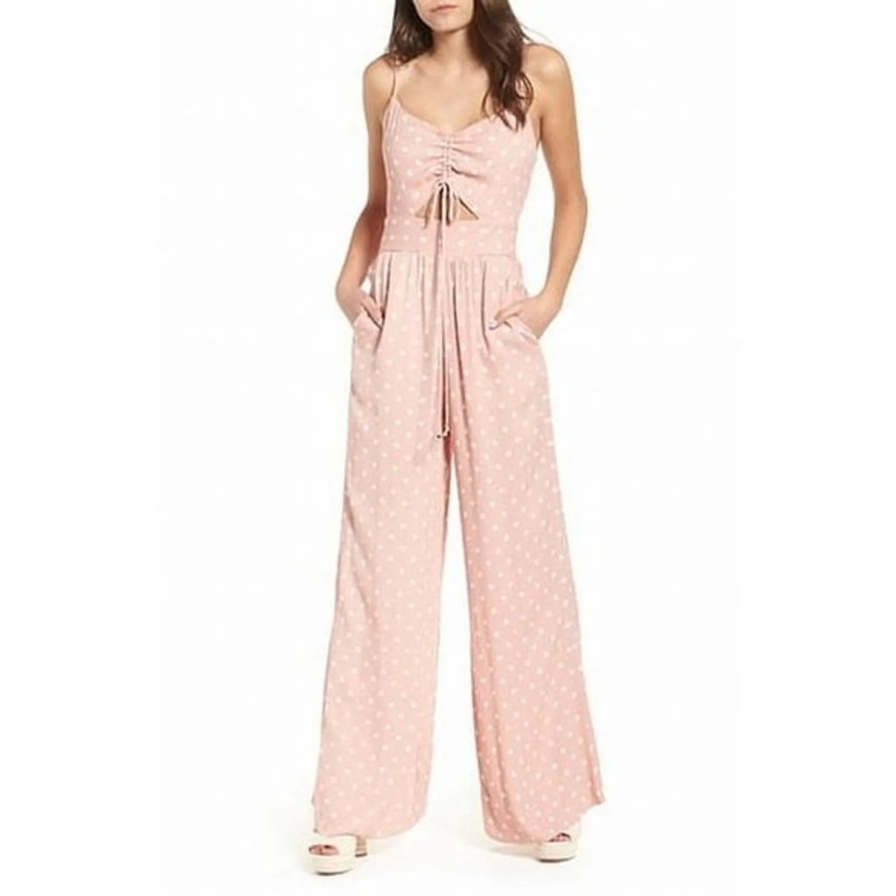 NWT AFRM Women's Pink Polka Dot Milan Tie Front Jumpsuit Wide Leg Small